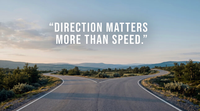 A motivational quote about life choices is displayed in bold white capital letters over a gray asphalt road that splits into two different diverging paths.