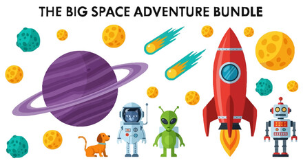 Cartoon space bundle featuring a ringed planet rocket robot cat astronaut alien dog asteroids and comets © Faisal