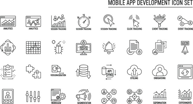 Mobile app development analytics tracking performance monitoring optimization workflow cloud database synchronization interface programming technology outline vector icon set