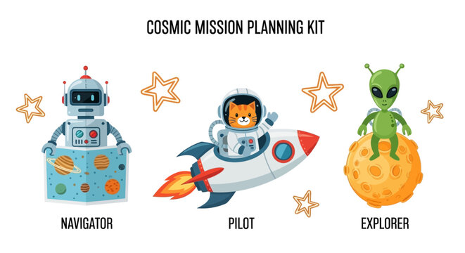 Cartoon illustrations of a robot a spacecat and an alien set against a white background