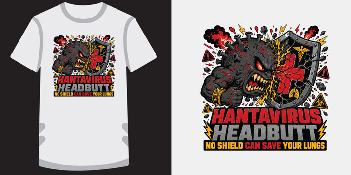 Hantavirus headbutt angry virus monster attacking medical shield aggressive disease concept.