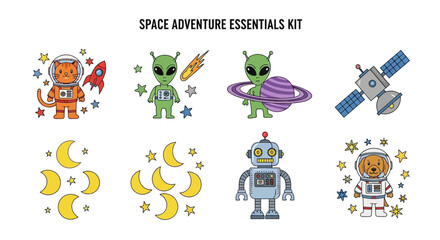 Eight spacethemed vector icons arranged in two rows including astronauts aliens a robot a satellite and celestial shapes © Faisal