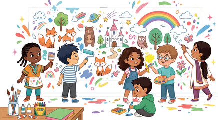 Happy Diverse Children Painting Creative Colorful Mural Wall with Cute Animals Rainbow and Castle Illustration for Kids Art Education Class © Md
