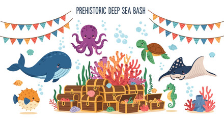 Underwater illustration features a whale octopus turtle ray and seahorse surrounding treasure chests and coral © Faisal