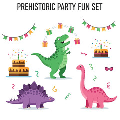 Vector illustration of a green TRex juggling gifts a purple Stegosaurus a pink longneck dinosaur two cakes and party banners © Faisal