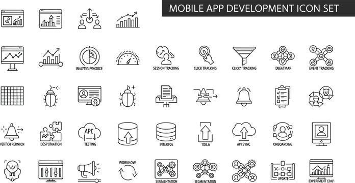 Mobile app development analytics tracking performance optimization integration workflow cloud database API interface programming technology outline vector icon set