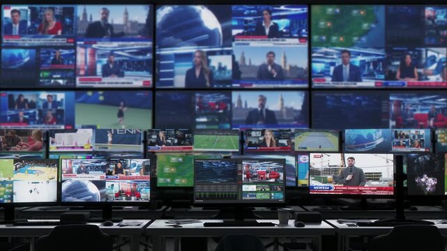 Modern Television Broadcast Control Room with Video Wall Displaying Simultaneous Live News Streams of News Anchors, Sports Events, Tennis Matches, Weather Forecasts, Global Cable Network Channels