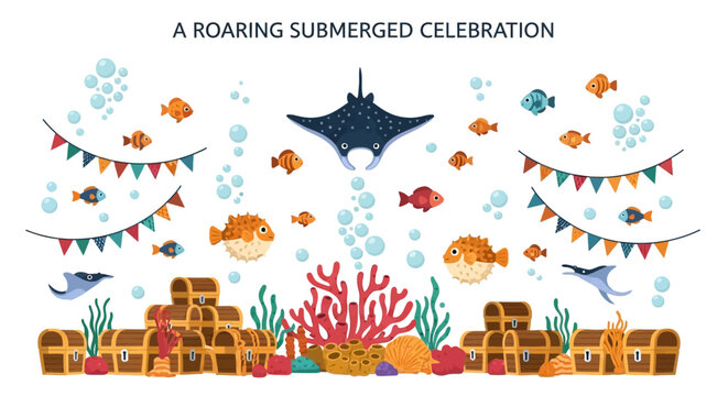 Underwater scene with treasure chests coral fish rays and decorative bunting flags