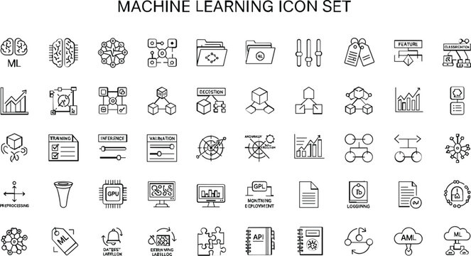 Machine learning workflow outline icon set with neural networks datasets preprocessing clustering analytics GPU artificial intelligence pipeline symbols