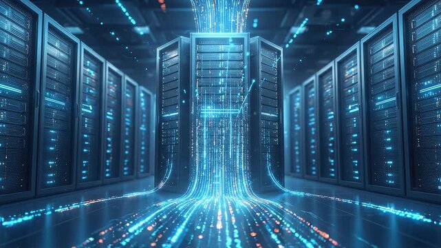Data center server racks with glowing blue fiber optic light streams. High-tech information processing in a futuristic facility. Lockdown shot.