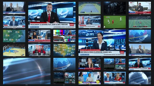 Multi screen Broadcast Monitoring Wall Screens Display Various Network TV Channels Streaming like: News Headlines, Economic Forums, Tennis, Football, Basketball, Weather Maps, Lifestyle Programs Live