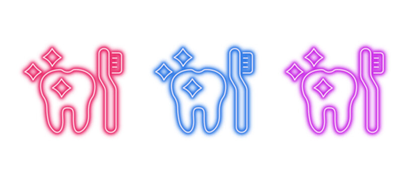 Neon glowing tooth and toothbrush vector icons set, dental hygiene, stomatology, oral health, shining, vibrant colorful digital design illustration on transparent background.