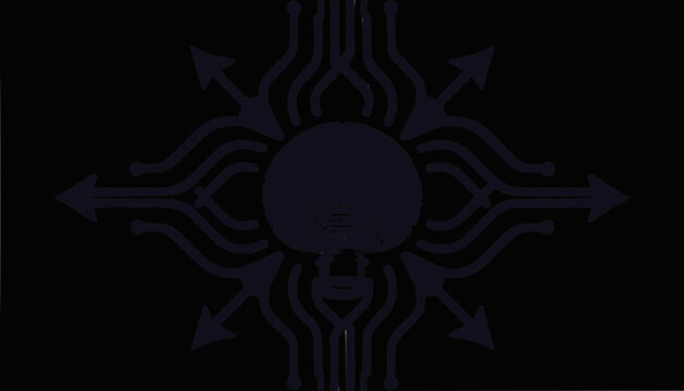 Cybernetic Skull Emblem with Arrows and Circuits on Black Background