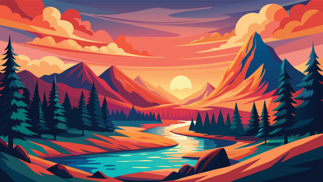 Vibrant mountain landscape during sunset with winding river and pine trees in flat vector style