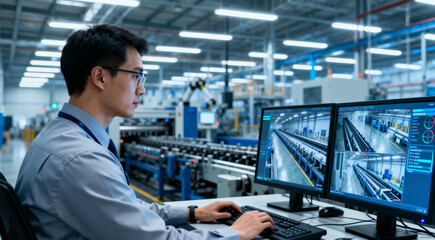 Obraz premium Industry 4.0 Modern Factory: Security Operator Controls Proper Functioning of Workshop Production Line, Uses Computer with Screens Showing Surveillance Camera Feed. High-Tech Security