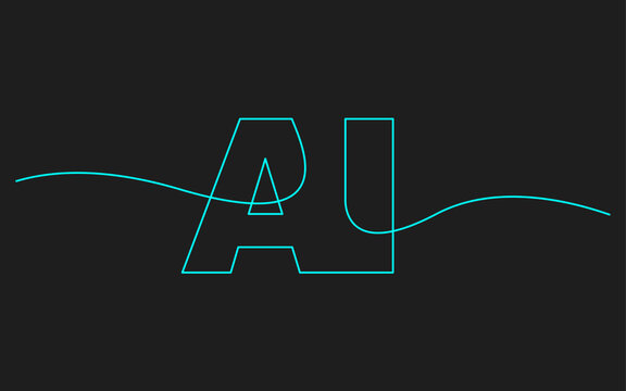 Minimalist cyan line art spelling "AI" with geometric and organic shapes on dark background. Fully editable vector stroke. Modern abstract illustration for tech, artificial intelligence, design use.
