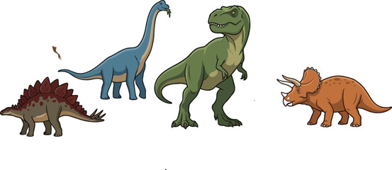 Collection of dinosaur cartoon vector illustrations featuring Tyrannosaurus rex, Brontosaurus, Triceratops and Stegosaurus prehistoric animal designs © Mst