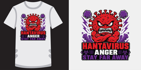 Fototapeta premium Hantavirus anger stay far away mascot character design with angry red virus germ cartoon.