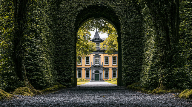 privet. Arching privet hedges forming a green tunnel entrance to a historic estate. gardening catalogs, home-decor guides, designed for home decor and floral branding, promotes healthy living.