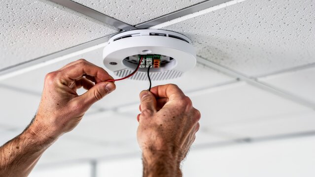 A person's hands are shown installing a smoke detector in a white ceiling, highlighting the importance of safety and security in property management.