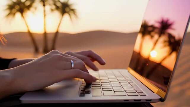 Close up of female digital nomad hands typing on laptop computer keyboard with sunset desert and palm trees reflection on screen, remote work concept