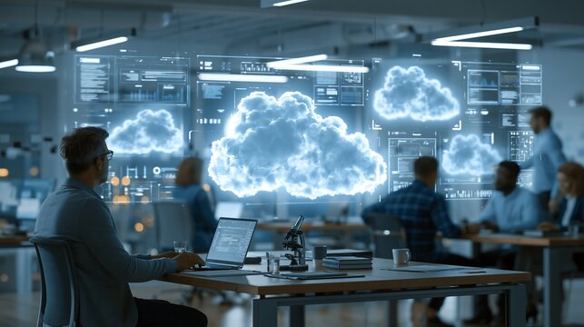 Professional software engineer working on a glowing cloud computing interface inside a modern corporate office