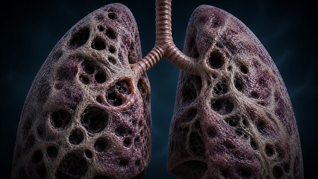 Pulmonary Fibrosis with Scarred Lung Tissue and Chronic Respiratory Disease, Medical Illustration