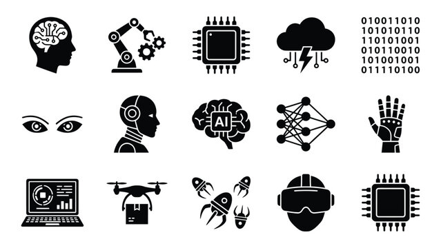 Set of black and white artificial intelligence icons representing advanced technology robotics machine learning and future digital concepts