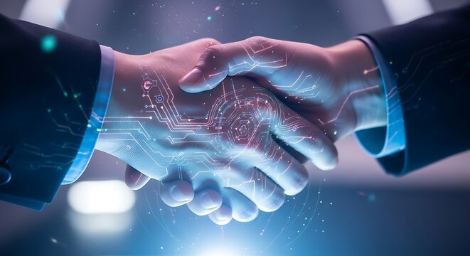 Two businessmen shaking hands with glowing lines and dots