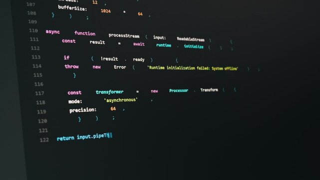 Source code for a neural runtime engine is displayed on a dark mode development screen. Syntax highlighting illuminates asynchronous functions and error handling during coding.