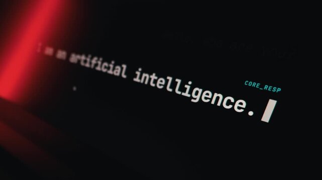 A dark computer screen displays a glowing command line text prompt asking hello who are you. Concept of artificial intelligence dialogue, machine learning chatbots, and digital futures.
