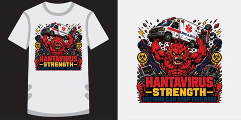 Hantavirus strength monster lifting ambulance vehicle cartoon illustration for t shirt. © jubayer95