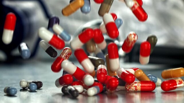Stethoscope rests over scattered capsules on exam table highlighting Filmed on a high-speed camera at 1000 fps.