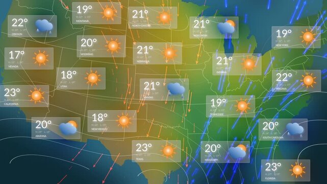 Comprehensive USA Weather Forecast Map Animation Showing All States With Temperature Readouts, Sunny and Rainy Icons, Animated Precipitation Streaks, and Directional Wind Arrows for TV Meteorology.