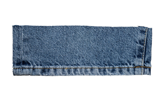 Blue denim fabric swatch, strip, rectangular piece of jeans material isolated on transparent background.