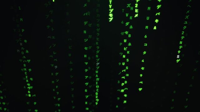 Glowing green digital characters cascade down a black screen simulating complex computer data streams. Concept of futuristic cyber security, advanced programming algorithms and virtual