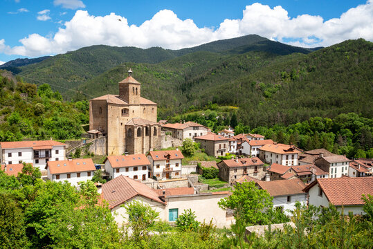 Aerial townscape with the San Esteban Church, Roncal, Navarre Pyrenees, Spain