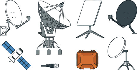 Collection of satellite dish and communication technology vector illustrations featuring radio telescopes, satellite antennas, signal receivers and space communication equipment © Mst