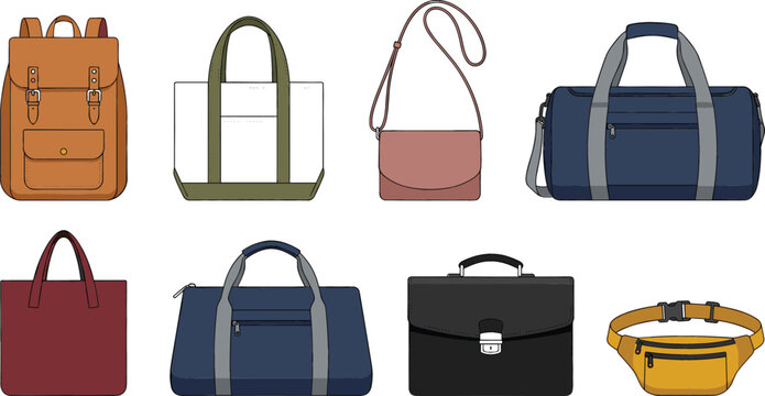 Collection of stylish handbag and travel bag vector illustrations featuring backpacks, tote bags, briefcases, duffel bags and modern fashion accessories