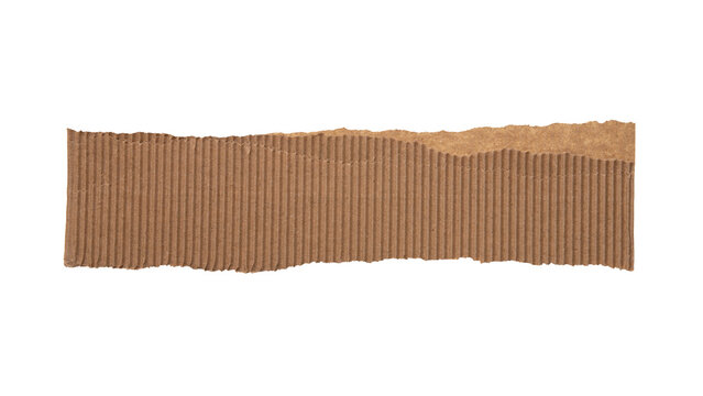 Torn brown corrugated cardboard strip, ripped paper border with fluted texture isolated on white transparent background.