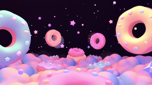 Flying through sweet donuts above clouds in the night sky animation. (loop)