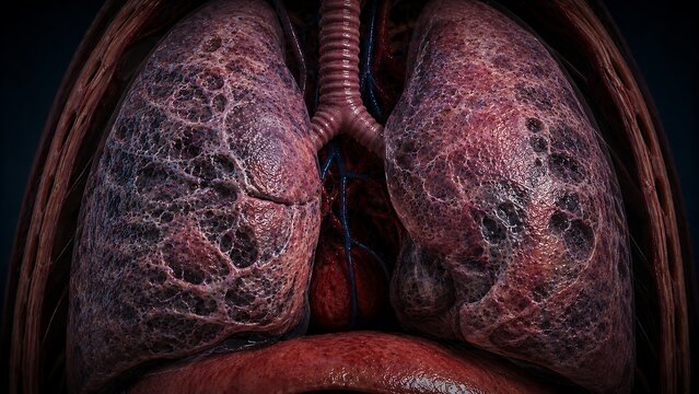 Interstitial Lung Disease with Scarred Lung Tissue and Chronic Respiratory Fibrosis, Medical Illustration