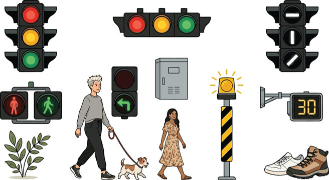 Collection of traffic signal and pedestrian safety vector illustrations featuring road lights, crosswalk indicators, speed display signs and urban street elements
