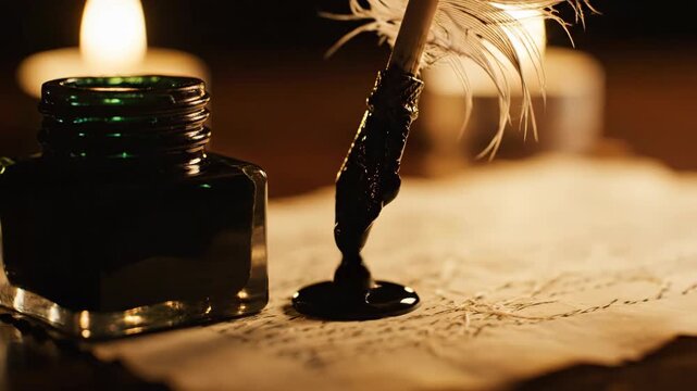 White Quill Pen Dips Into Glass Inkwell Dropping Black Ink on Vintage Parchment Paper Under Warm Candlelight