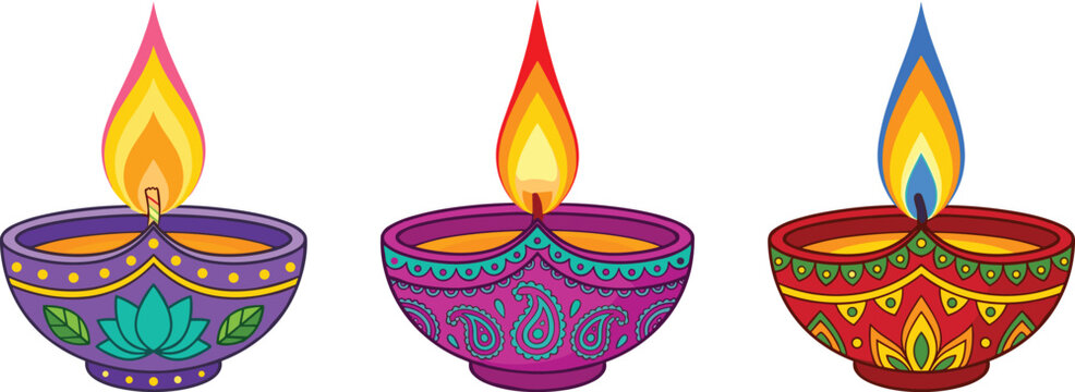 Colorful Diwali Diya Set with Ornate Oil Lamps and Burning Flames for Deepavali Festival Greeting Cards and Cultural Vector Graphic Designs