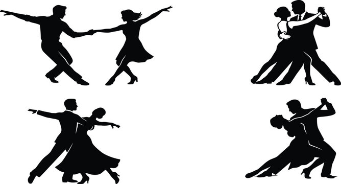 Ballroom Dancing Couple Silhouette Set with Partners Performing Tango, Waltz, and Salsa for Dance Studios, Competitions, and Romantic Vector Graphic Designs