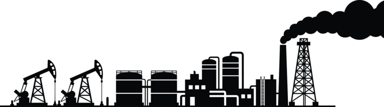 Oil Refinery and Petroleum Industry Silhouette with Pump Jacks Factory Buildings and Smoke Stack Vector Illustration