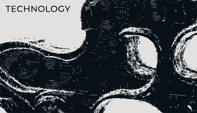 Abstract dark technological shapes on light background, grunge texture