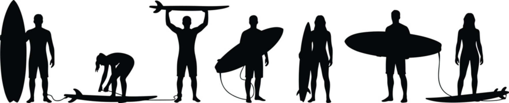 Surfer and Surfboard Silhouette Collection with Beach Water Sports and Ocean Adventure Vector Illustration Set