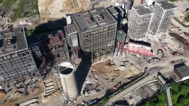 Aerial view of a coal power plant demolition site